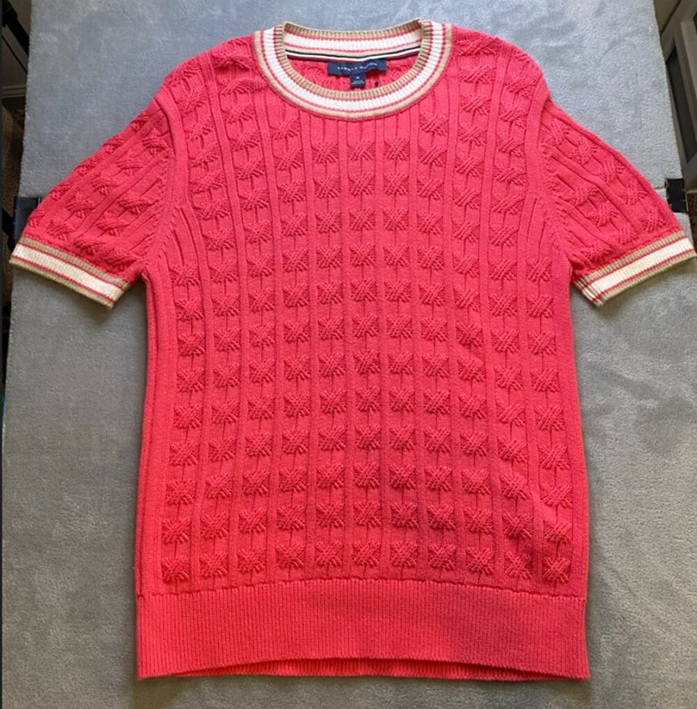 Tommy Hilfiger Short Sleeve Sweater Womens M Pink Cable Knit Preppy Classic NWT